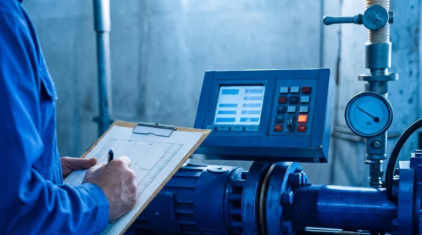 Engineer inspecting an industrial pressure gauge during hydraulic equipment certification from Third Party.