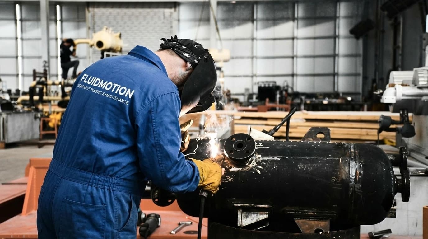 Engineer working on industrial machinery during hydraulic diagnostics and repair